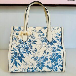 GUCCI JAPAN EXCLUSIVE TOILE BLUE AND WHITE FLORAL CANVAS AND LEATHER TOTE ITALY